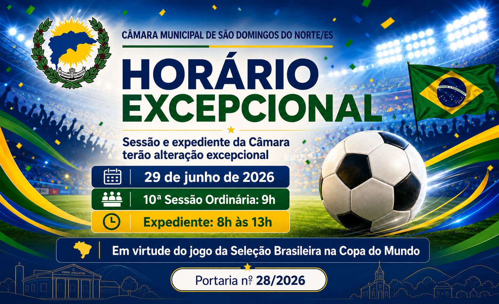 Câmara Municipal altera horário da sessão e do expediente em razão de jogo da Seleção Brasileira